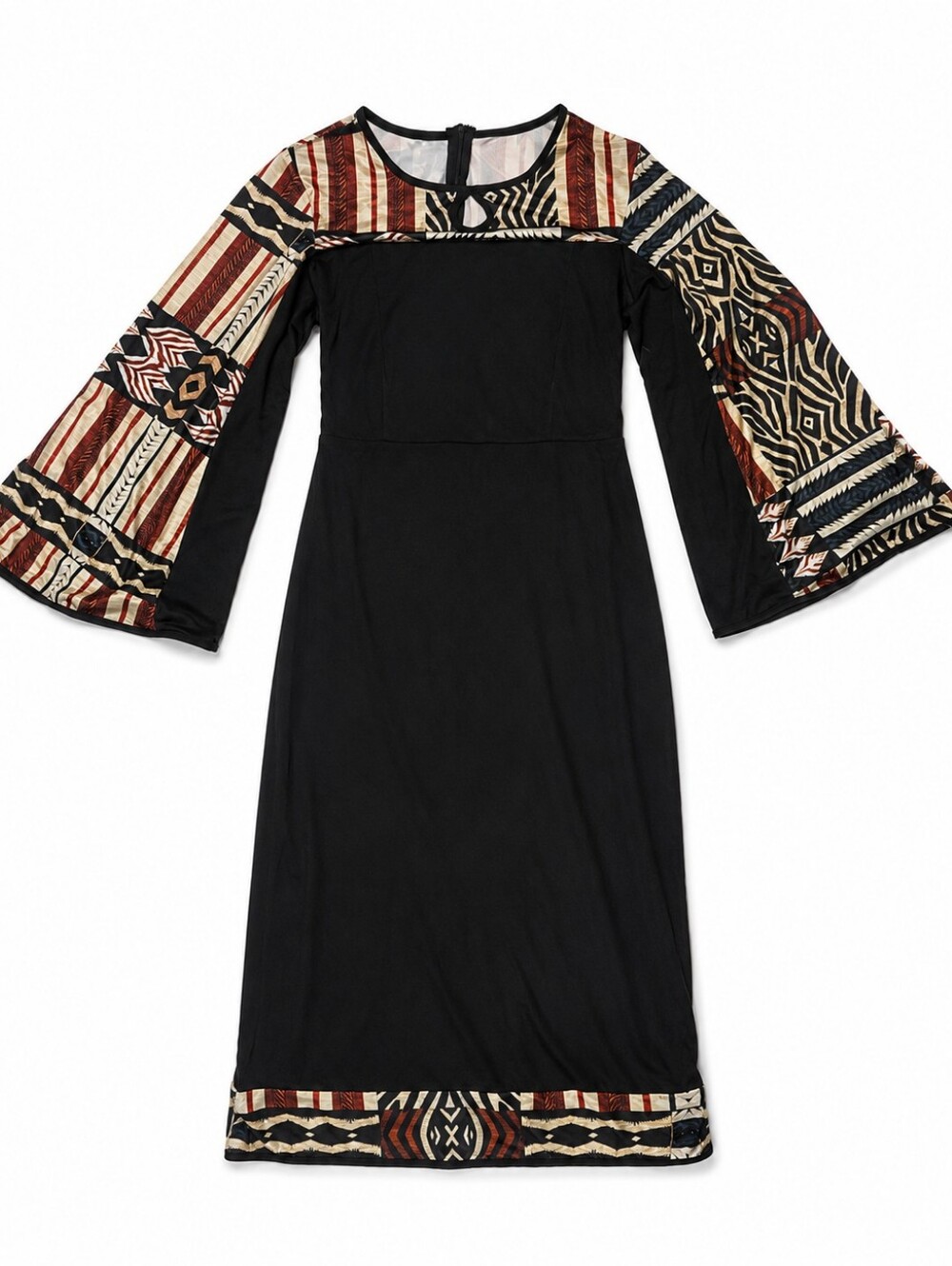 Black Boho Tribal Print Bell Sleeve Maxi Dress Size Small NWOT - Picture 3 of 6